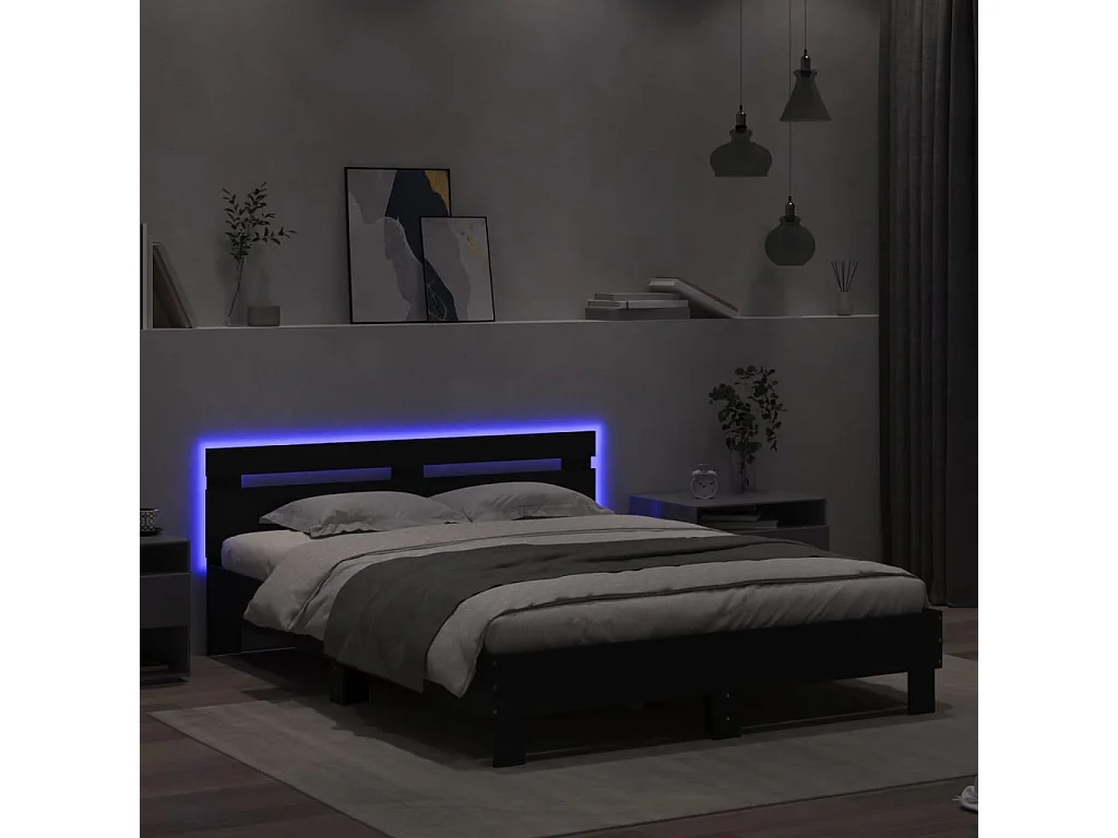 Giroletto con Testiera e LED Nero 140x190 cm