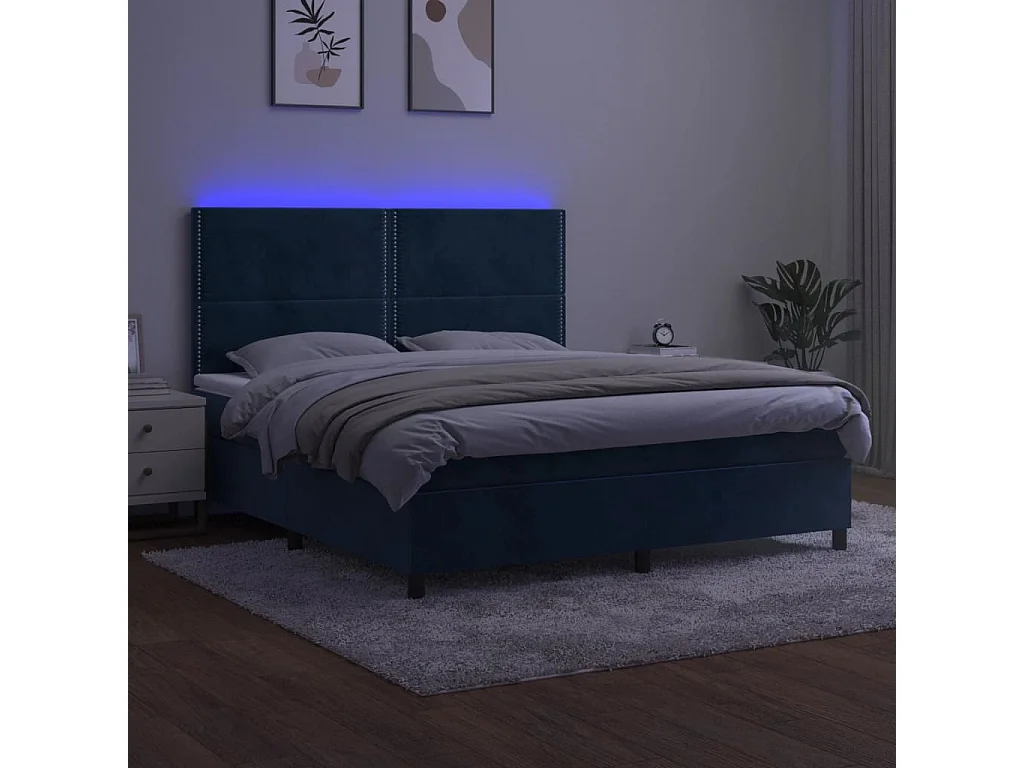 Letto a Molle con Materasso e LED Blu Scuro 160x200 cm