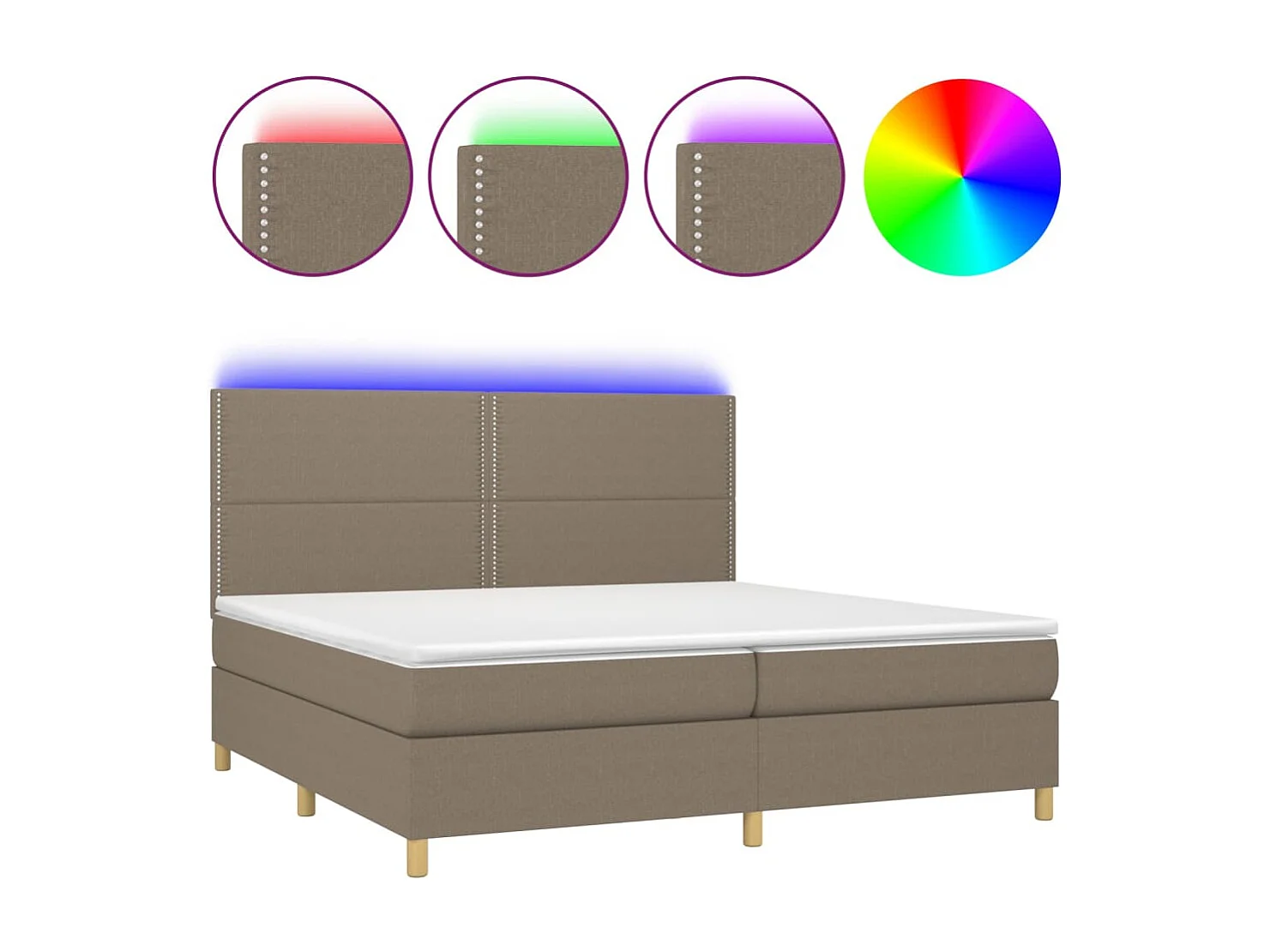 Letto a Molle Materasso e LED tortora 200x200cm in Tessuto
