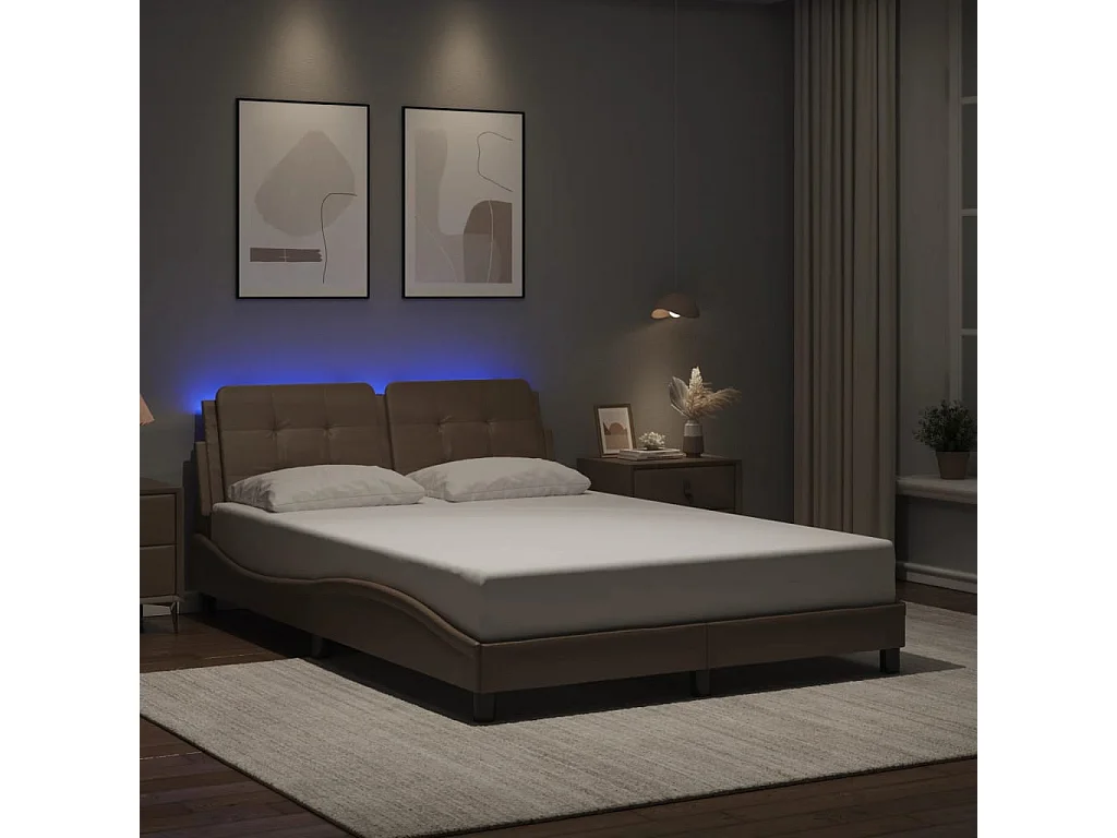 Estrutura cama c/ luzes LED 140x190 cm couro artif. cappuccino