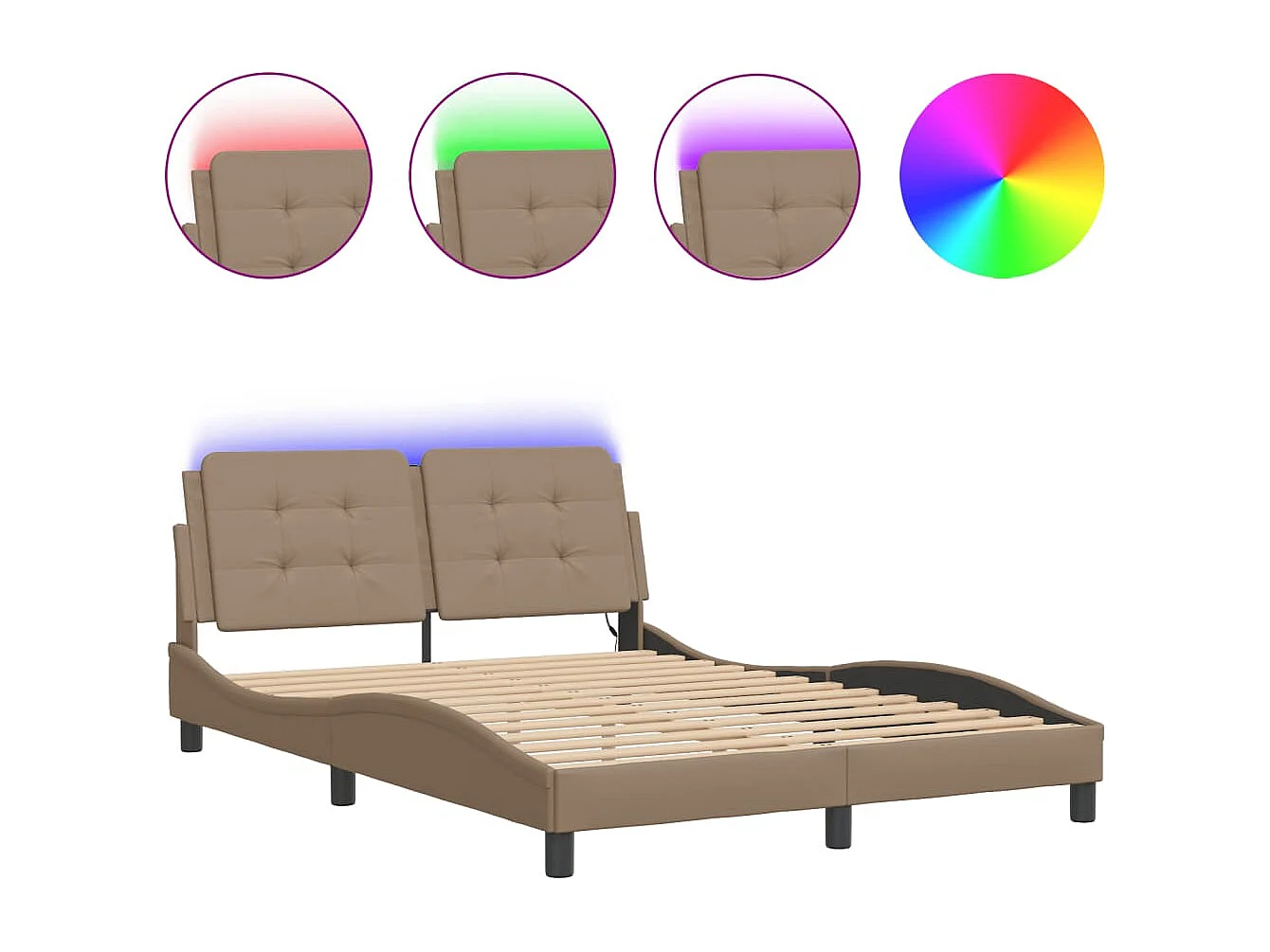 Estrutura cama c/ luzes LED 140x190 cm couro artif. cappuccino