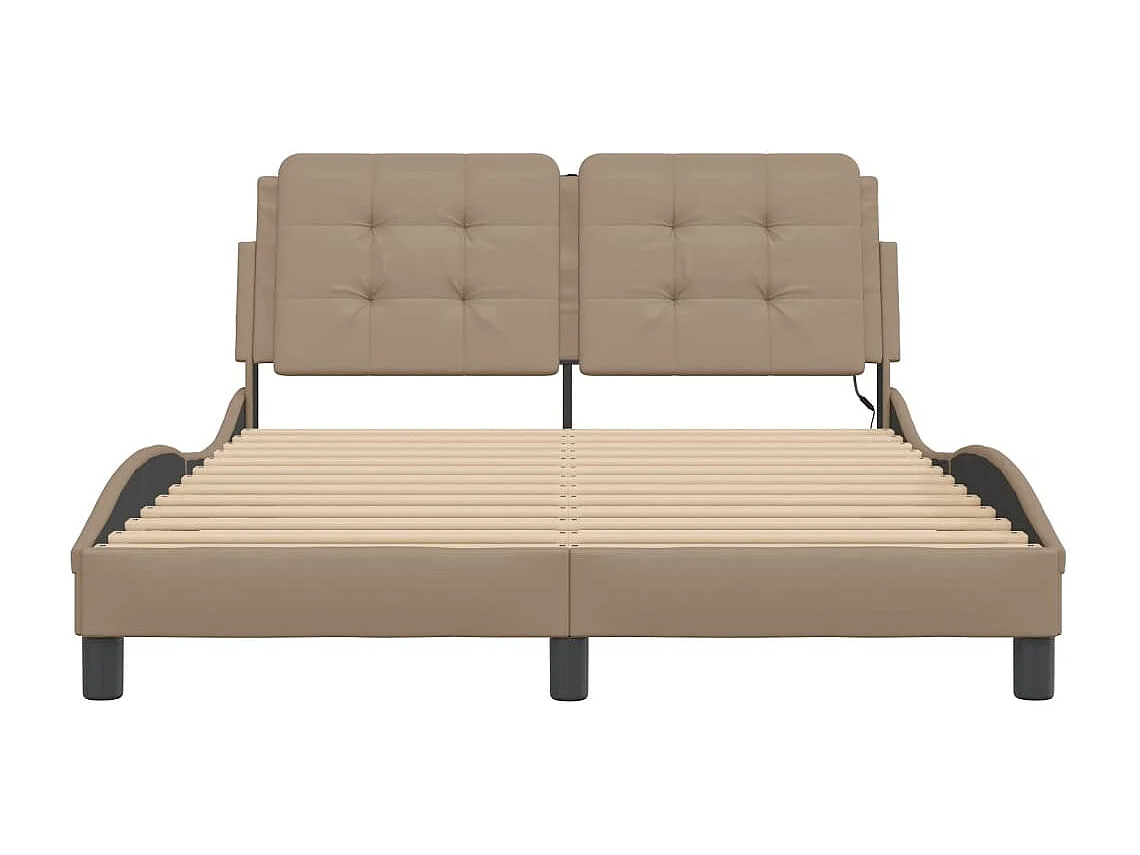 Estrutura cama c/ luzes LED 140x190 cm couro artif. cappuccino
