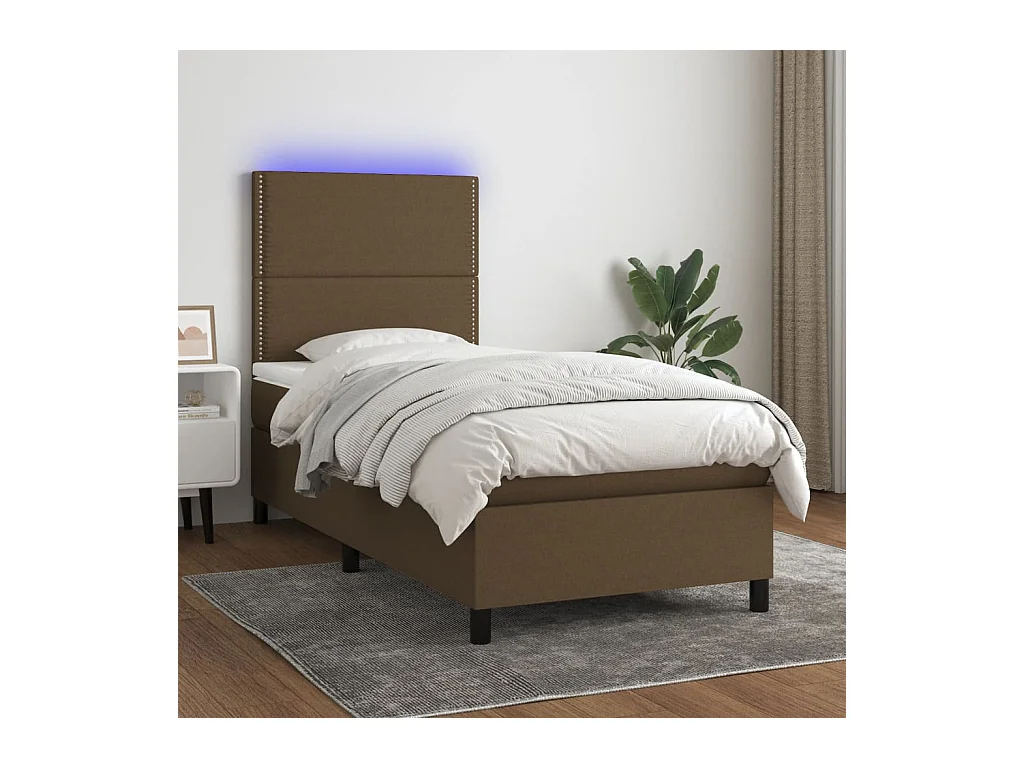 Letto a Molle Materasso e LED Marrone Scuro 90x190cm in Tessuto