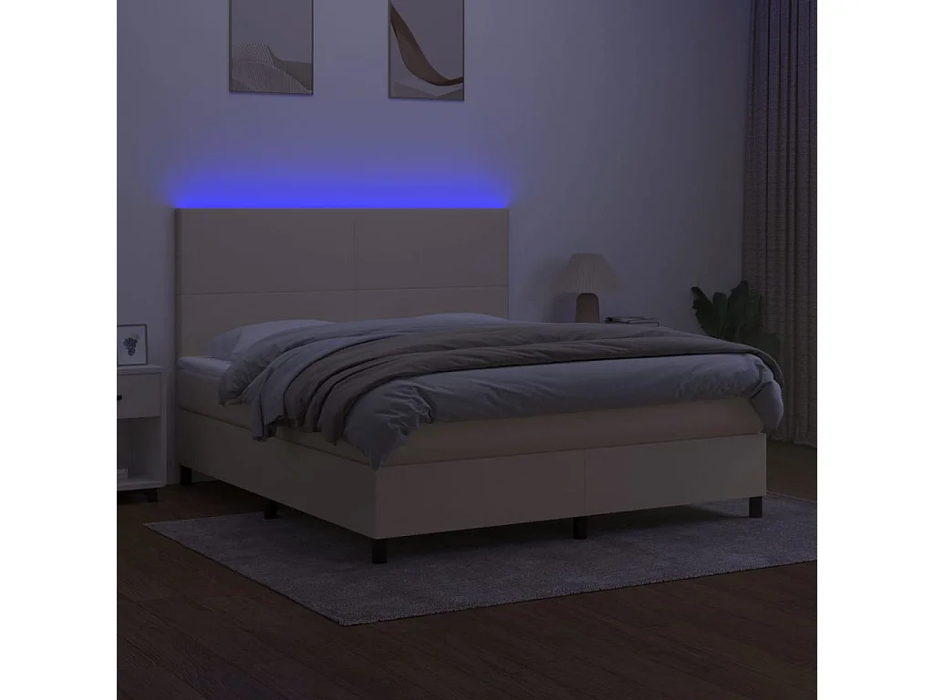 Cama box spring colchón y luces LED tela crema 160x200 cm