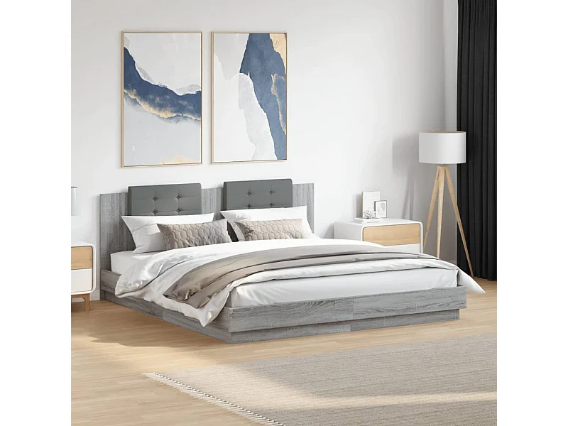 Estrutura de cama c/ cabeceira/luzes LED 160x200cm cinza sonoma