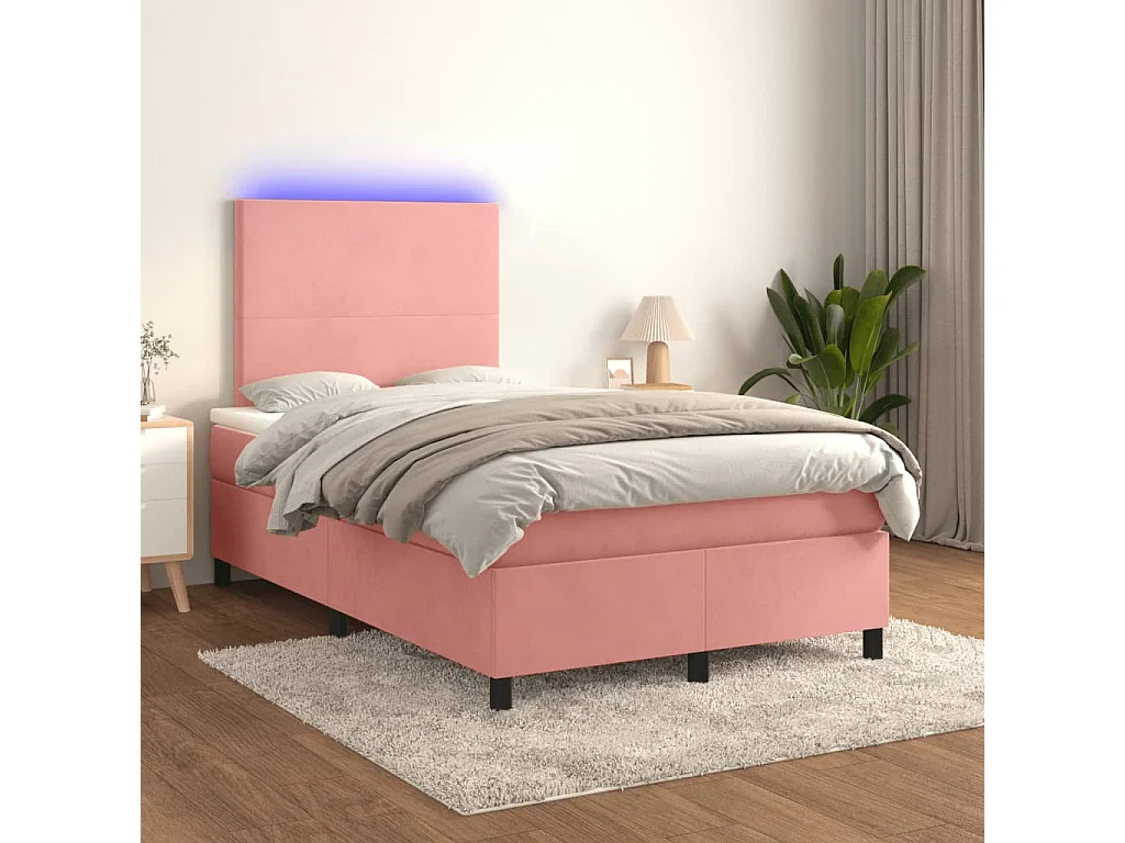 Sommier à lattes de lit et matelas LED rose 120x190 cm velours