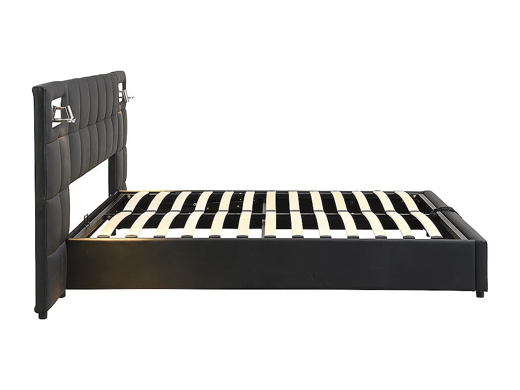 Lit rembourré 180 x 200 cm, avec port USB, chargeur sans fil et lumière, avec espace de rangement, PU, noir