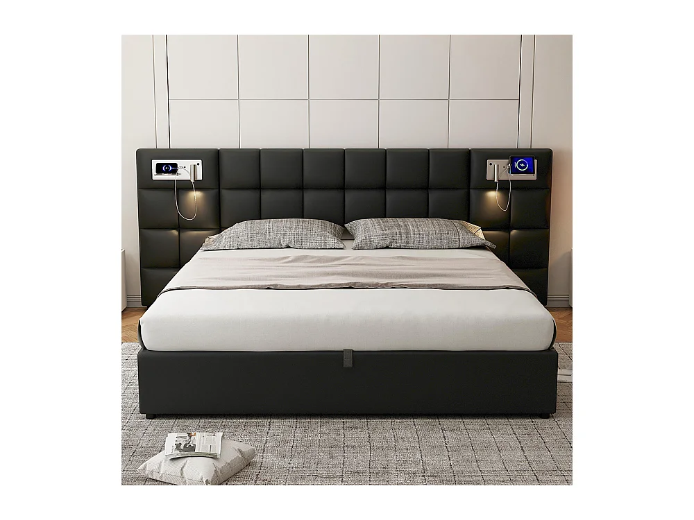 Lit rembourré 180 x 200 cm, avec port USB, chargeur sans fil et lumière, avec espace de rangement, PU, noir