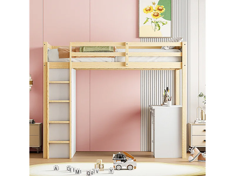 Lit superposé enfant 90 X 200 cm, avec armoire de rangement et bureau d'ordinateur, couleur bois originale