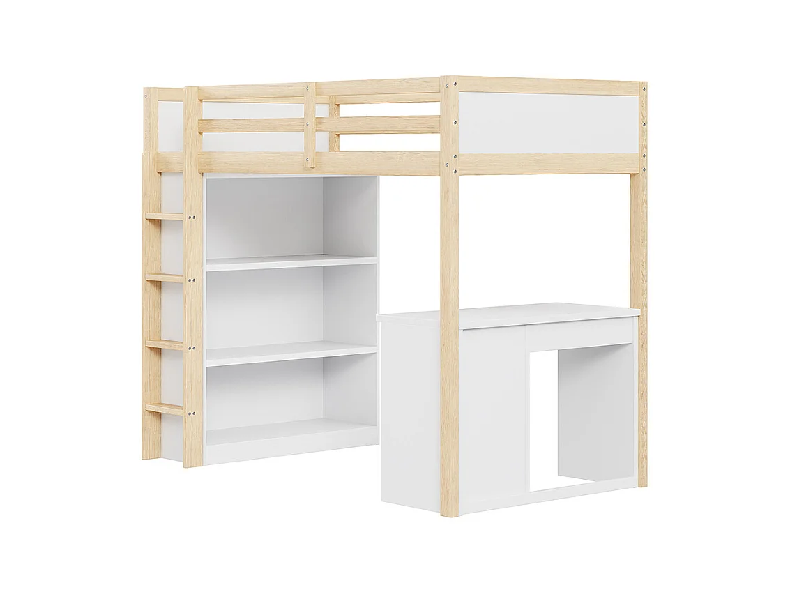 Lit superposé enfant 90 X 200 cm, avec armoire de rangement et bureau d'ordinateur, couleur bois originale