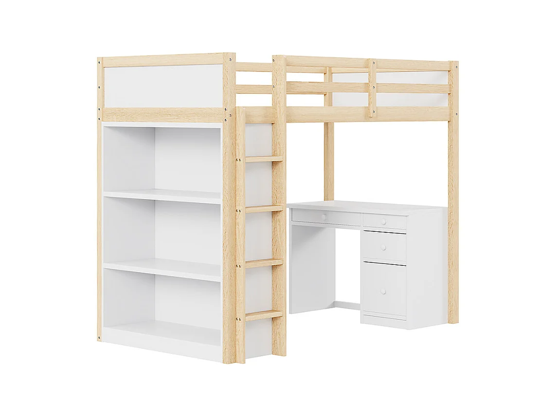 Lit superposé enfant 90 X 200 cm, avec armoire de rangement et bureau d'ordinateur, couleur bois originale