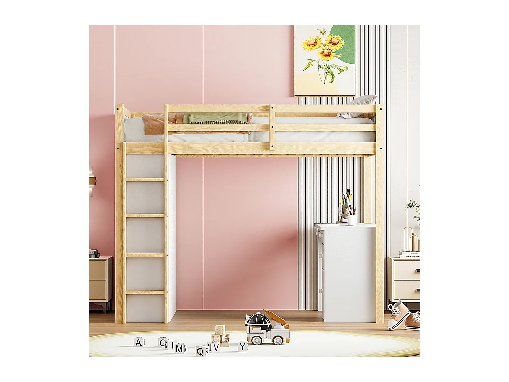 Lit superposé enfant 90 X 200 cm, avec armoire de rangement et bureau d'ordinateur, originele houtkleur