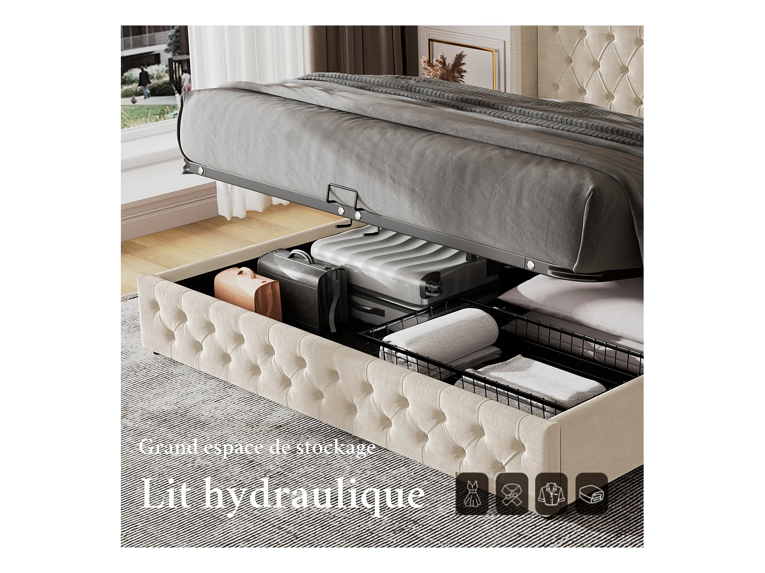 Lit rembourré, double rangée de rivets en flanelle, œillets cousus, 140*190 Twin avec hydraulique, noir, beige