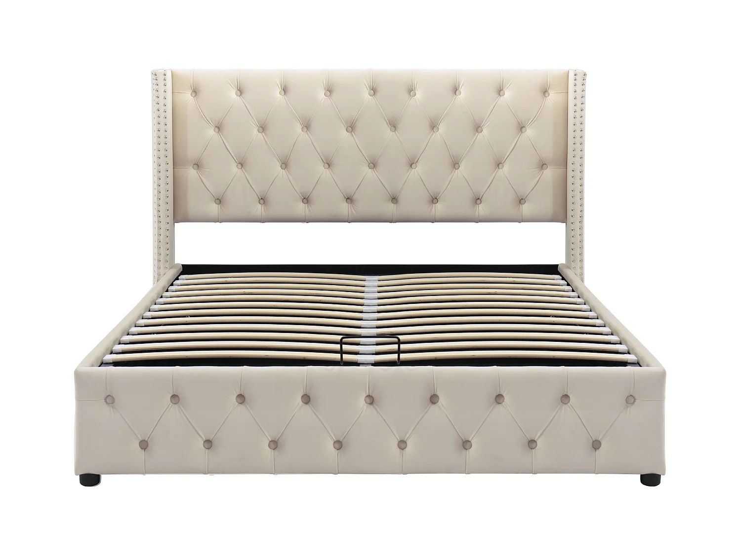 Lit rembourré, double rangée de rivets en flanelle, œillets cousus, 140*190 Twin avec hydraulique, noir, beige