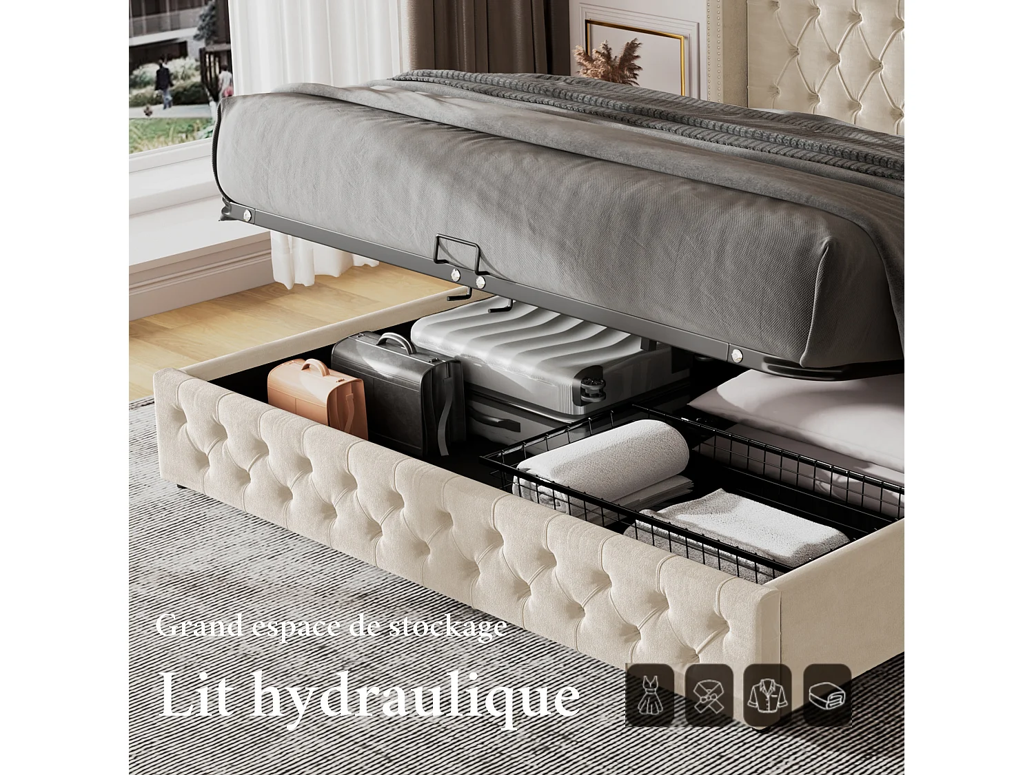 Lit rembourré, double rangée de rivets en flanelle, œillets cousus, 140*190 Twin avec hydraulique, noir, beige