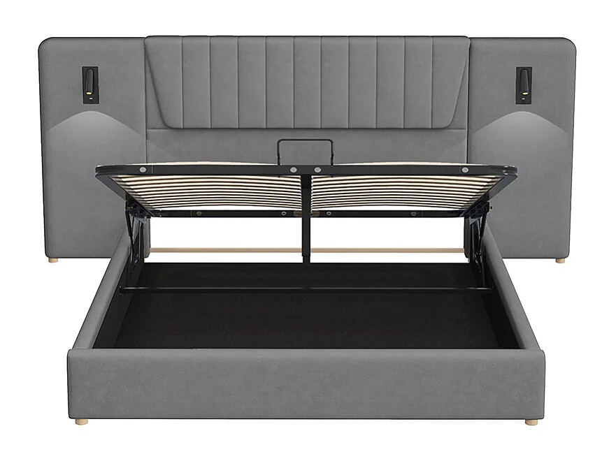 Cama de casal estofada 180*200 cm, com encosto reclinável, luz de leitura, porta de carregamento USB, tecido aveludado, cinzento