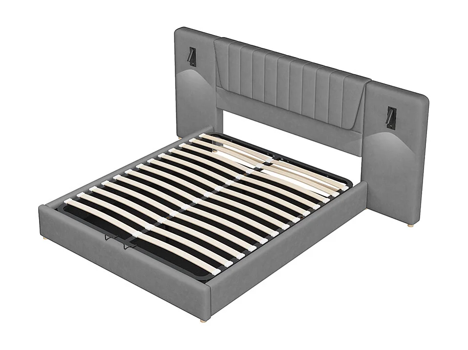 Cama de casal estofada 180*200 cm, com encosto reclinável, luz de leitura, porta de carregamento USB, tecido aveludado, cinzento