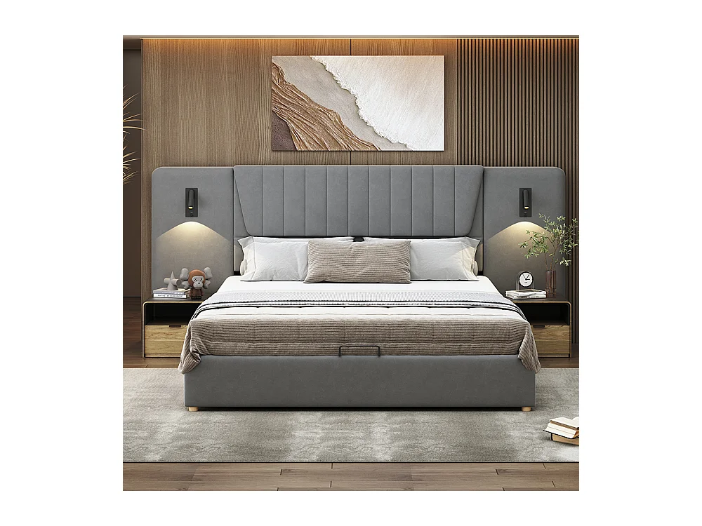 Lit double capitonné 180*200 cm, avec dossier allongé, liseuse, port de charge USB, tissu velours, gris