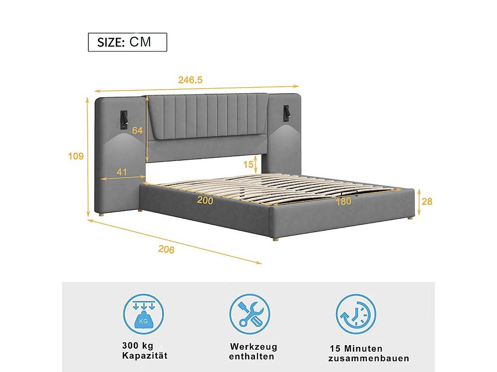 Cama de casal estofada 180*200 cm, com encosto reclinável, luz de leitura, porta de carregamento USB, tecido aveludado, cinzento