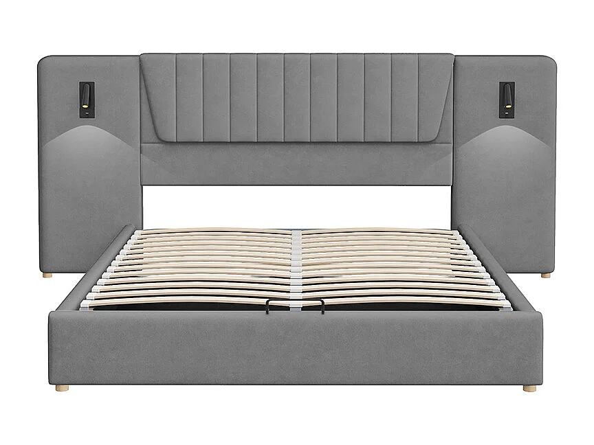 Cama de casal estofada 180*200 cm, com encosto reclinável, luz de leitura, porta de carregamento USB, tecido aveludado, cinzento