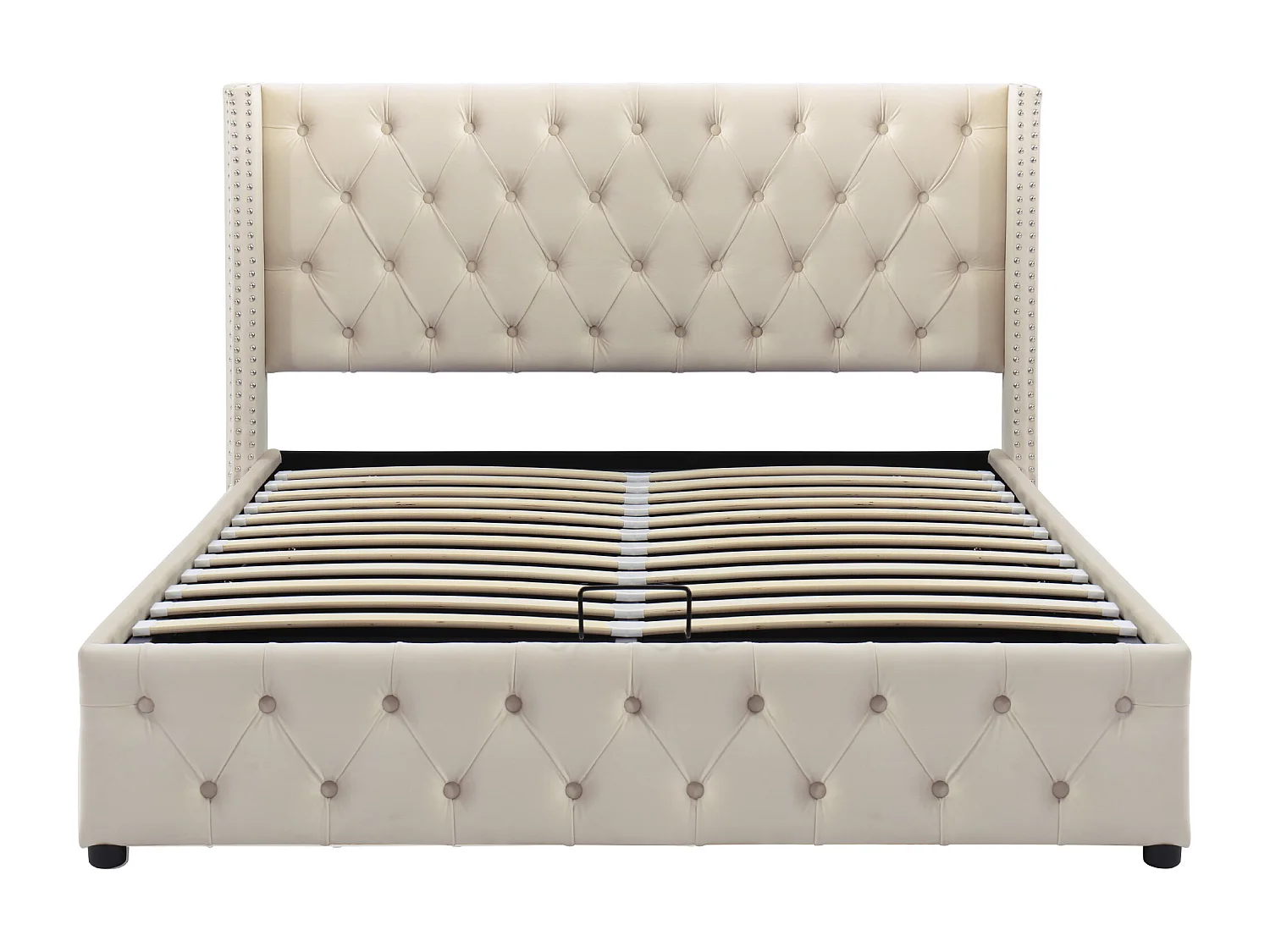 Lit double capitonné 140*200 cm, double rangée de flanelle rivetée en forme d'oreille, boutons à la tête et au pied du lit, couleur beige