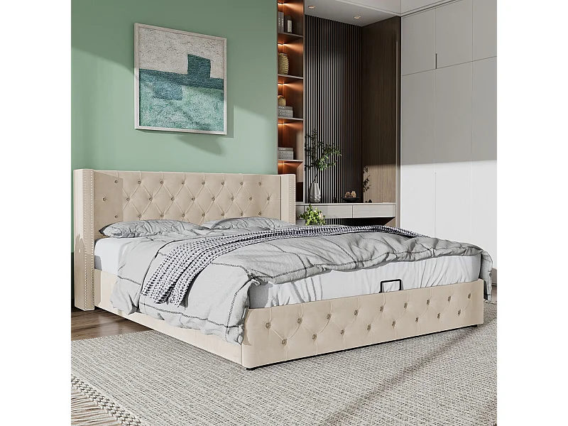 Lit double capitonné 140*200 cm, double rangée de flanelle rivetée en forme d'oreille, boutons à la tête et au pied du lit, couleur beige