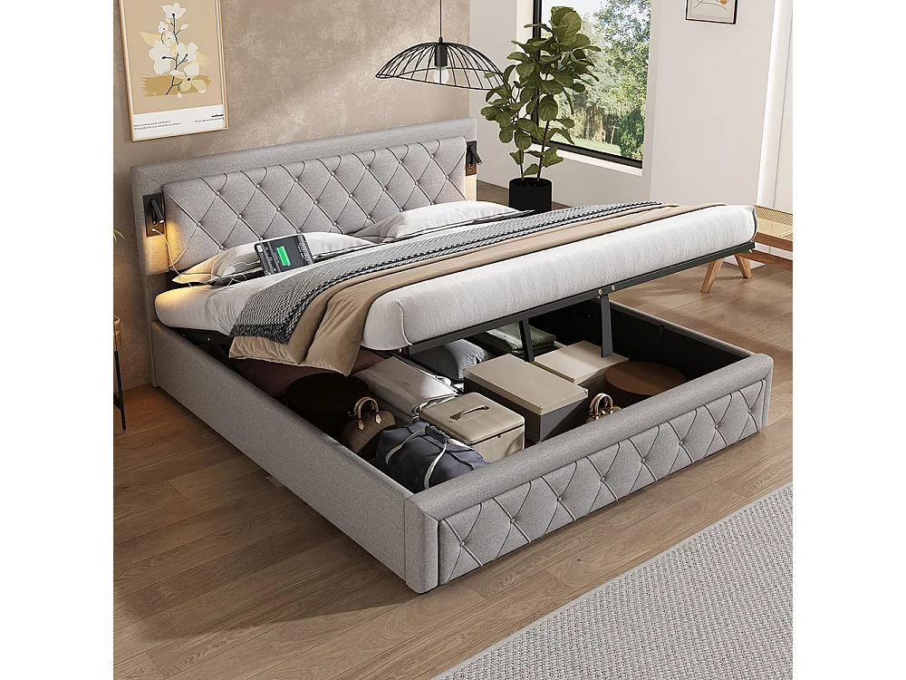 180*200 Lit tapissé avec éclairage d'appoint et port USB, lit de rangement, double, lin, gris