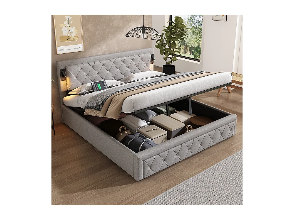 180*200 Lit tapissé avec éclairage d'appoint et port USB, lit de rangement, double, lin, gris