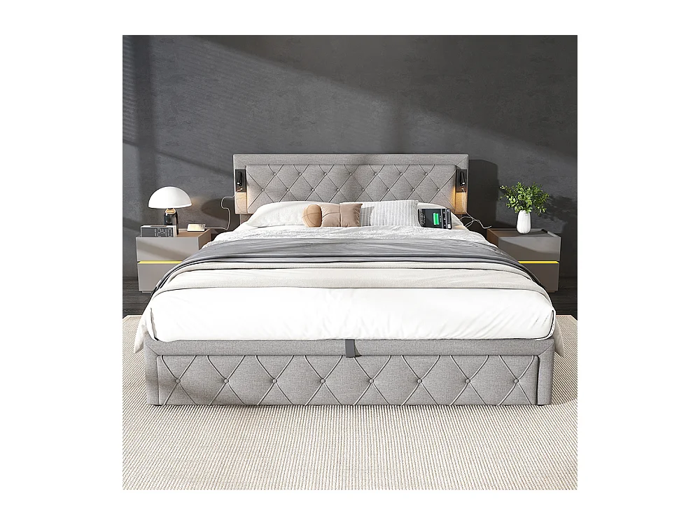 180*200 Letto imbottito con illuminazione supplementare e porta USB, letto contenitore, matrimoniale, lino, grigio