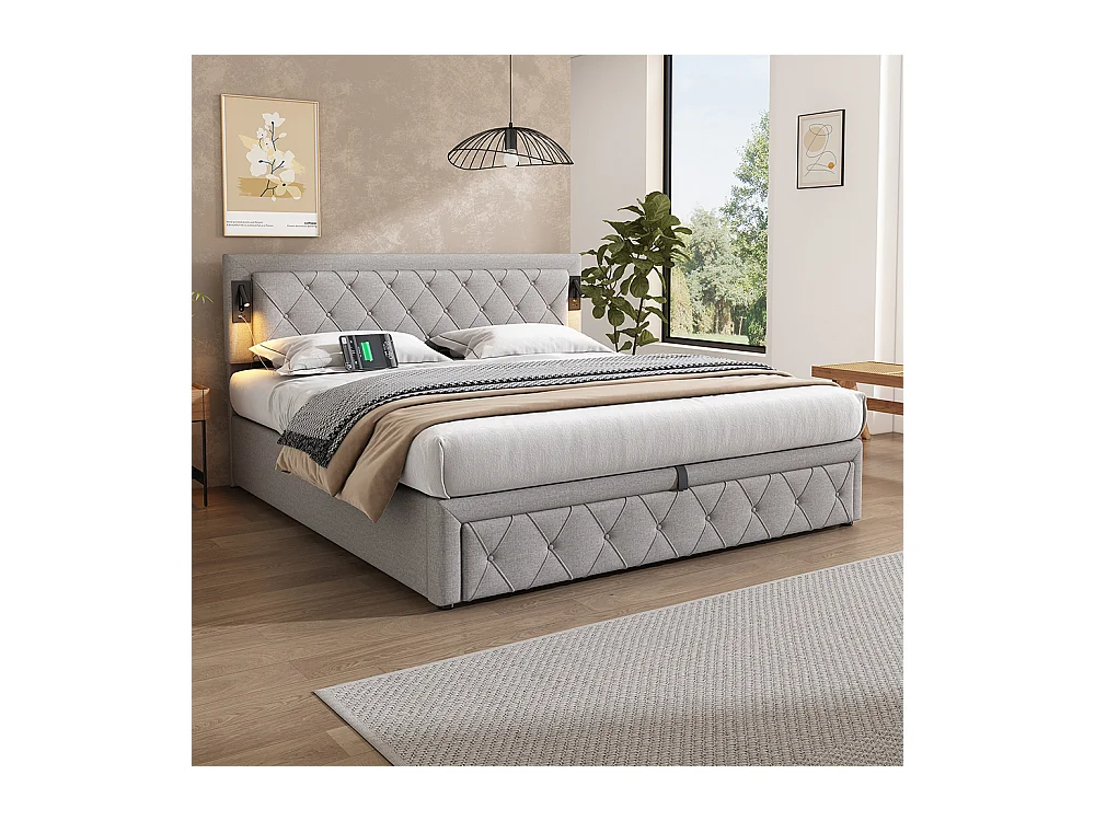 180*200 Letto imbottito con illuminazione supplementare e porta USB, letto contenitore, matrimoniale, lino, grigio