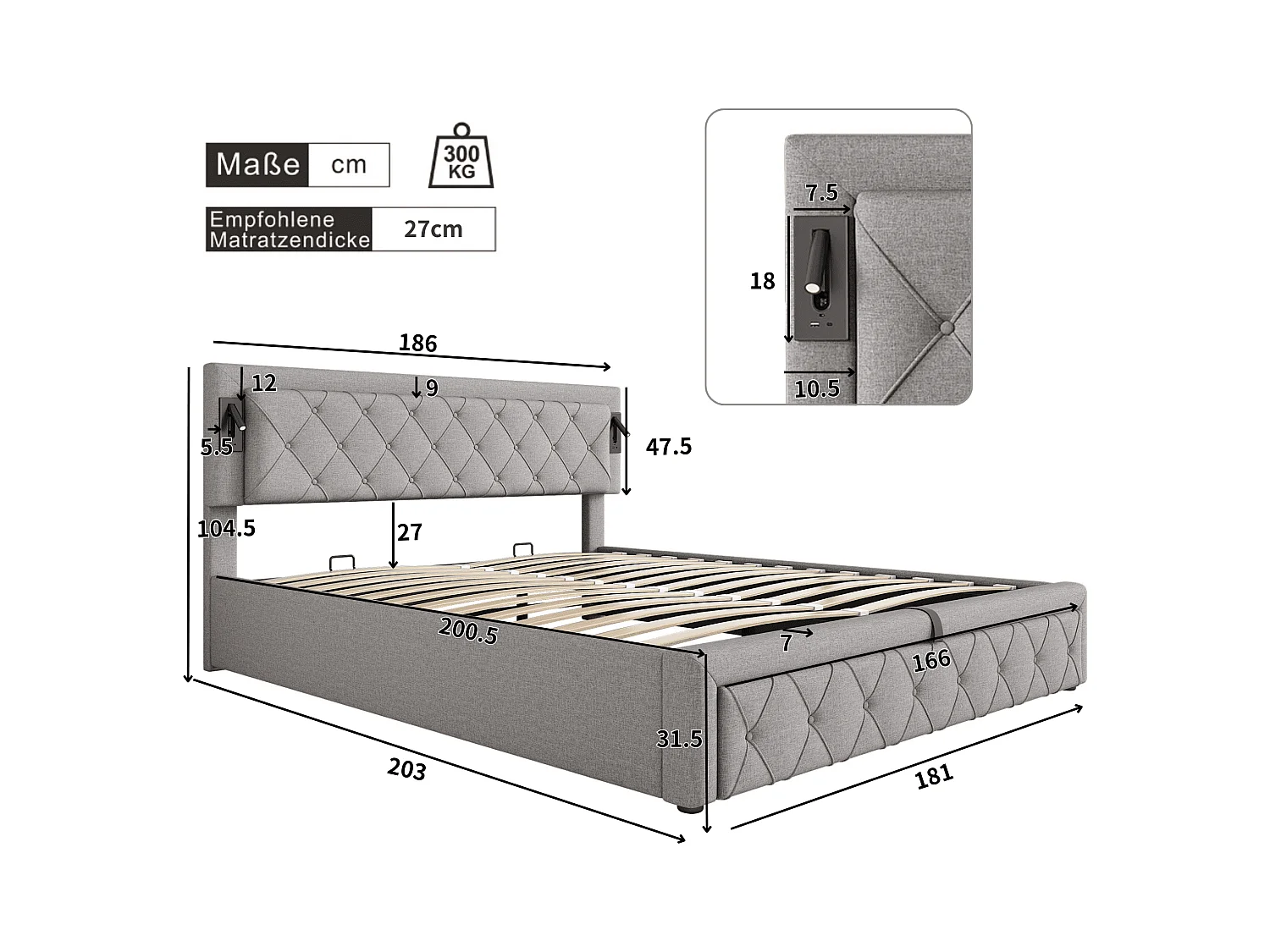 180*200 Letto imbottito con illuminazione supplementare e porta USB, letto contenitore, matrimoniale, lino, grigio