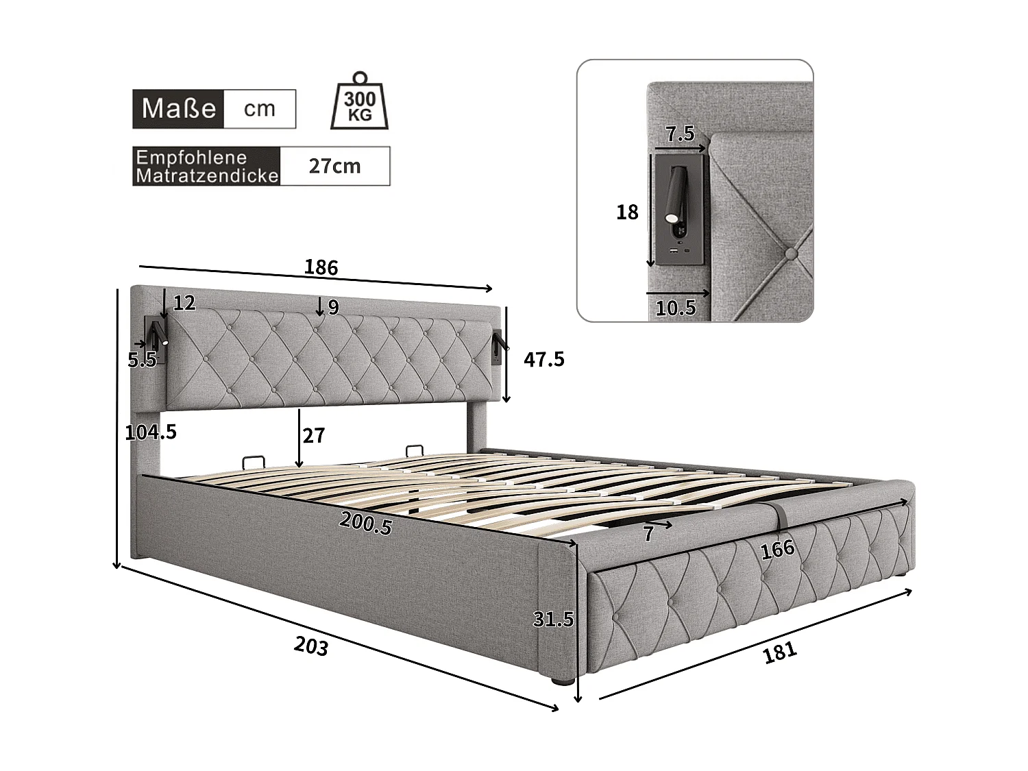 180*200 Lit tapissé avec éclairage d'appoint et port USB, lit de rangement, double, lin, gris
