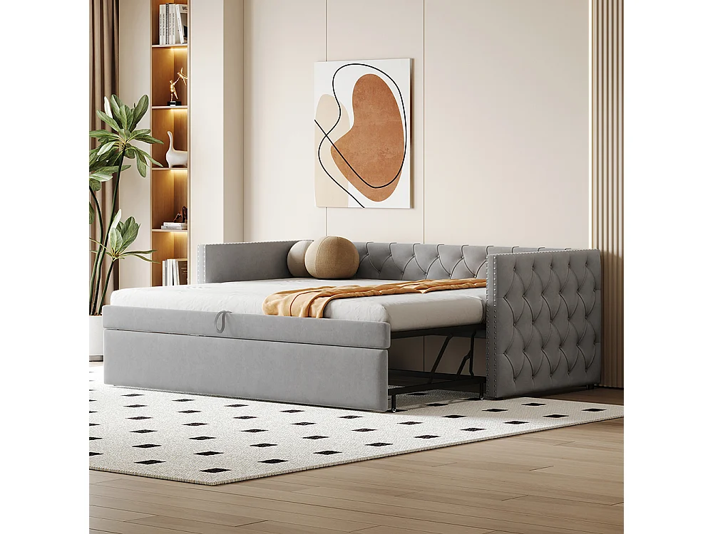 Sofá cama 90*200 cm, forma clásica con botones, tejido de terciopelo, gris (colchón no incluido).