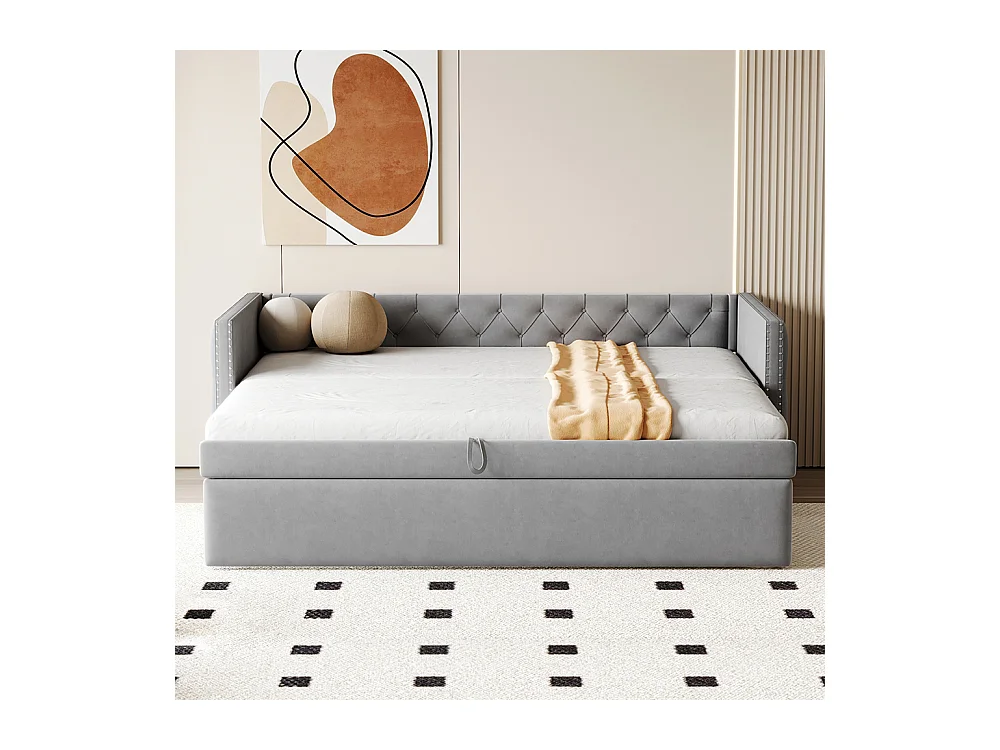 Canapé-lit extensible 90*200 cm, forme classique avec boutons, tissu velours, gris (matelas non inclus).