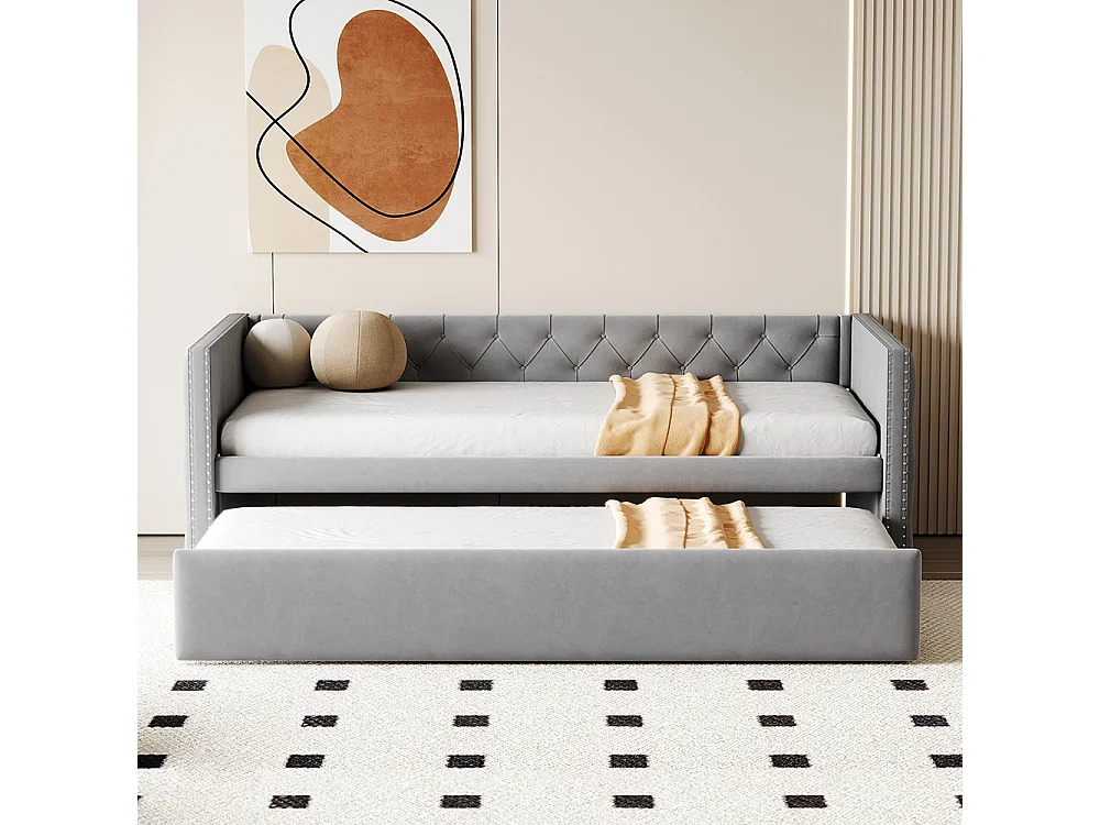 Canapé-lit extensible 90*200 cm, forme classique avec boutons, tissu velours, gris (matelas non inclus).