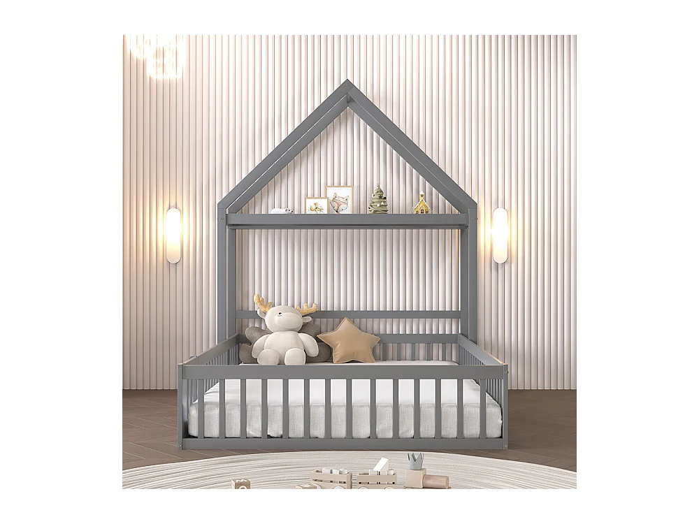 Lit enfant 140 x 200, cadre de lit enfant en bois massif avec espace de rangement, porte pleine sécurité, gris