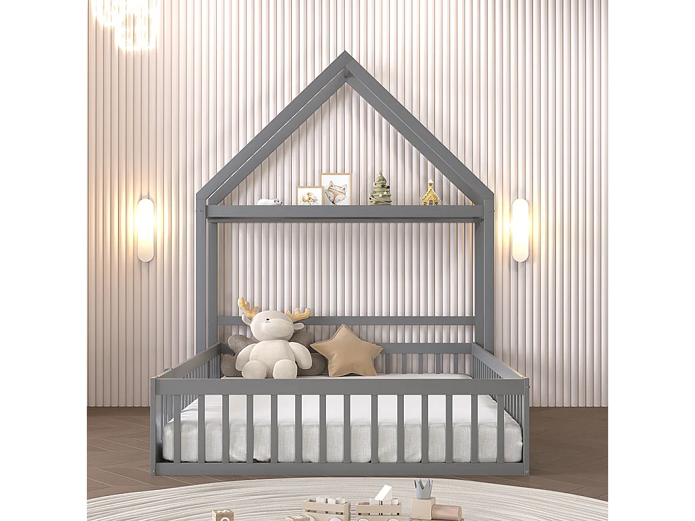 Lit enfant 140 x 200, cadre de lit enfant en bois massif avec espace de rangement, porte pleine sécurité, gris