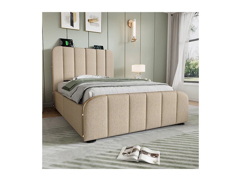 Lit simple rembourré 90*200 cm, avec bordure dorée et recharge USB Type-C, en lin beige, avec 4 tiroirs (sans matelas).
