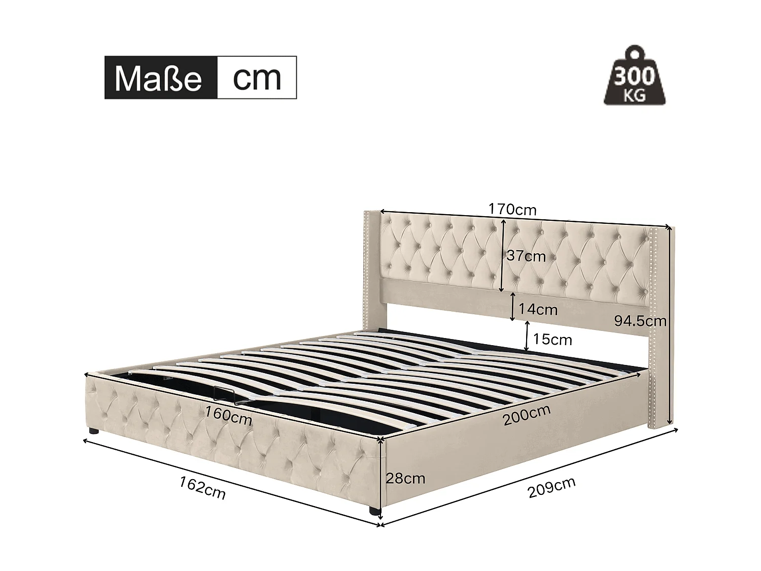 Lit double capitonné 160*200cm ,double rangée de rivets en flanelle en forme d'oreille, coutures boutonnées tête pied, couleur beige