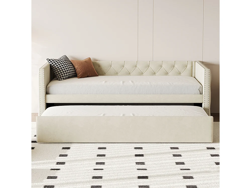 Canapé-lit extensible 90*200 cm, form classique avec boutons, tissu velours, beige (matelas non inclus).