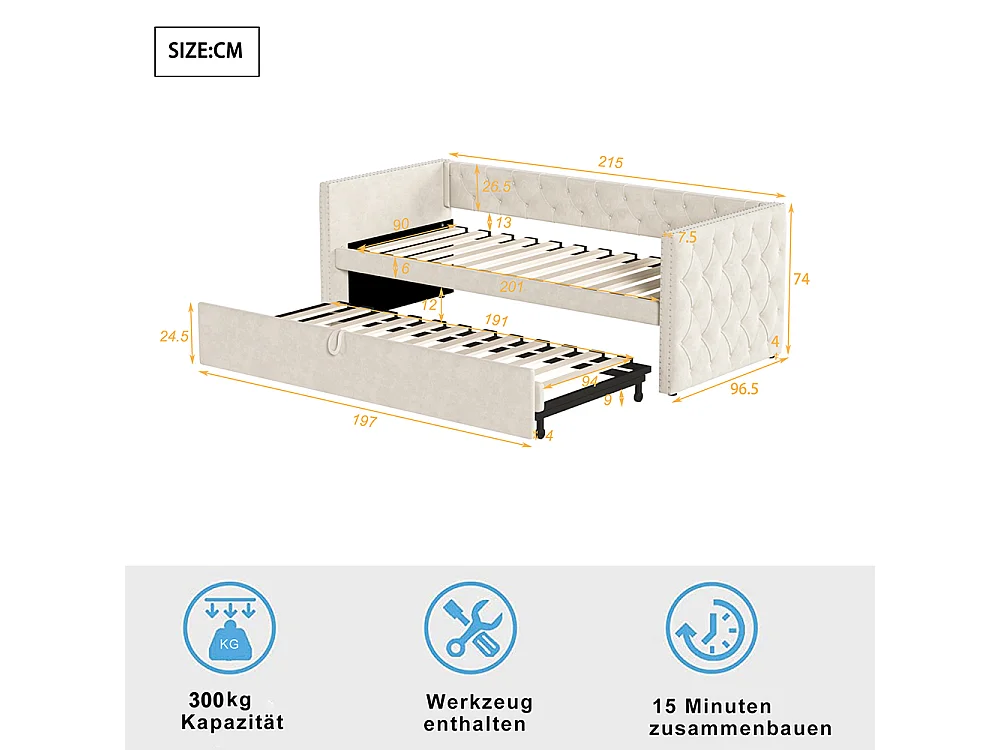 Canapé-lit extensible 90*200 cm, form classique avec boutons, tissu velours, beige (matelas non inclus).