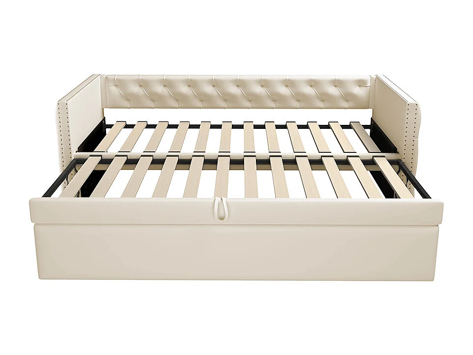 Canapé-lit extensible 90*200 cm, form classique avec boutons, tissu velours, beige (matelas non inclus).