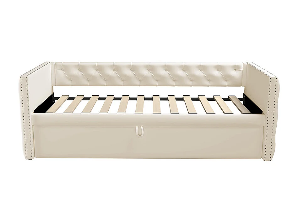 Canapé-lit extensible 90*200 cm, form classique avec boutons, tissu velours, beige (matelas non inclus).