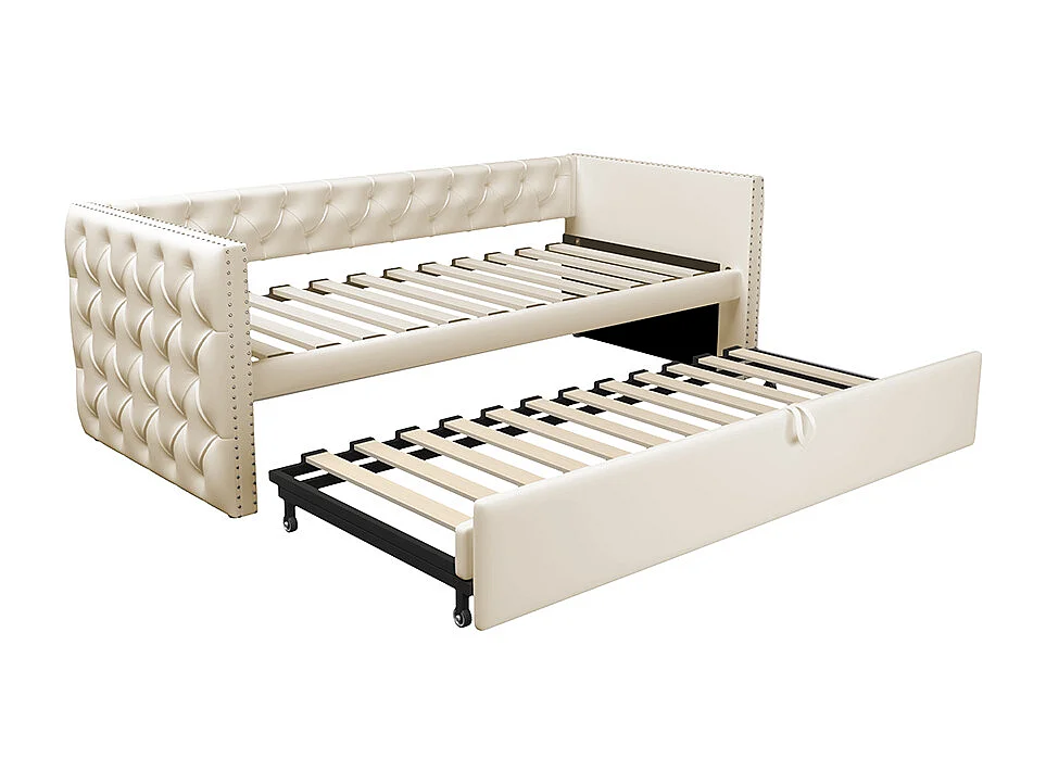 Canapé-lit extensible 90*200 cm, form classique avec boutons, tissu velours, beige (matelas non inclus).
