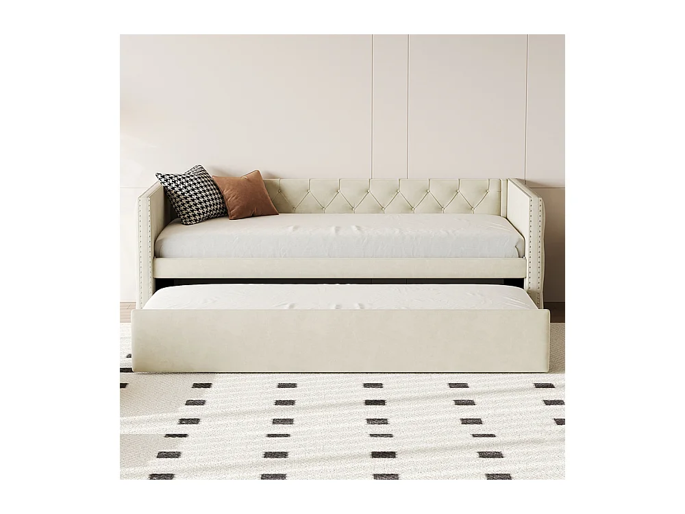 Canapé-lit extensible 90*200 cm, forme classique avec boutons, tissu velours, beige (matelas non inclus).