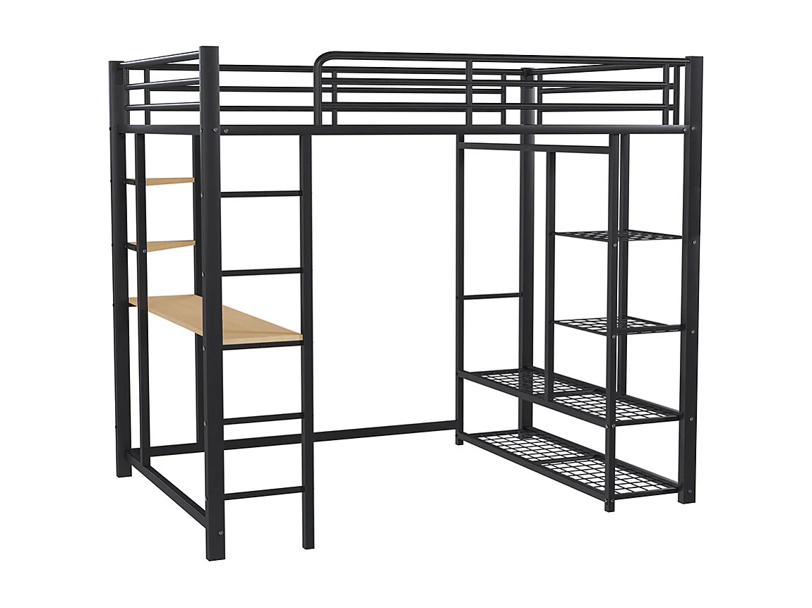 Lit mezzanine avec échelle 140*200 cm, lit double avec cintres simples et compartiments de rangement, noir