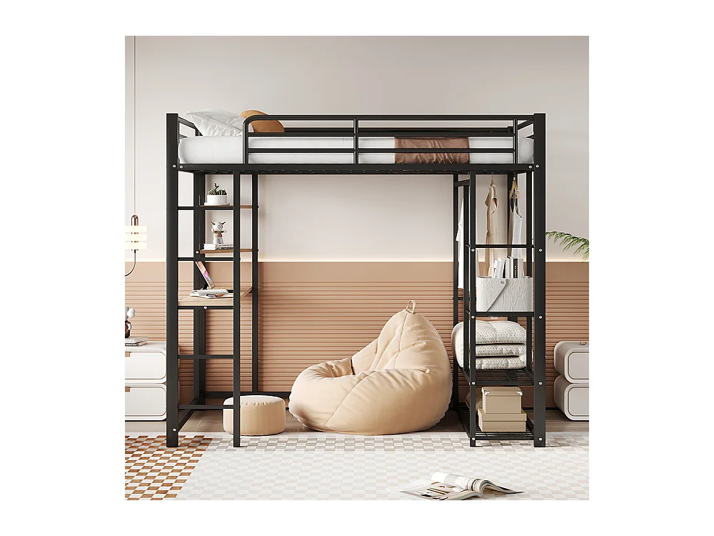 Lit mezzanine avec échelle 140*200 cm, lit double avec cintres simples et compartiments de rangement, noir