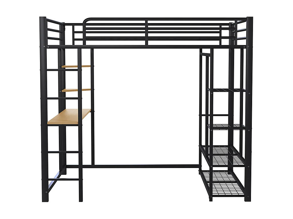 Lit mezzanine avec échelle 140*200 cm, lit double avec cintres simples et compartiments de rangement, noir