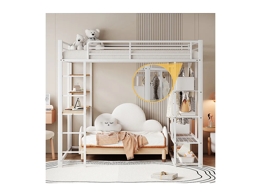Lit mezzanine avec échelle 90*200 cm, lit d'enfant avec table et compartiment de rangement, blanc
