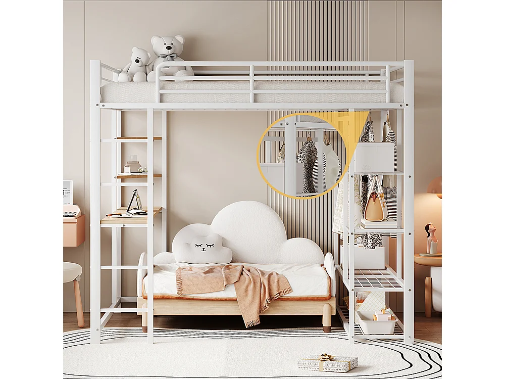 Lit mezzanine avec échelle 90*200 cm, lit d'enfant avec table et compartiment de rangement, blanc